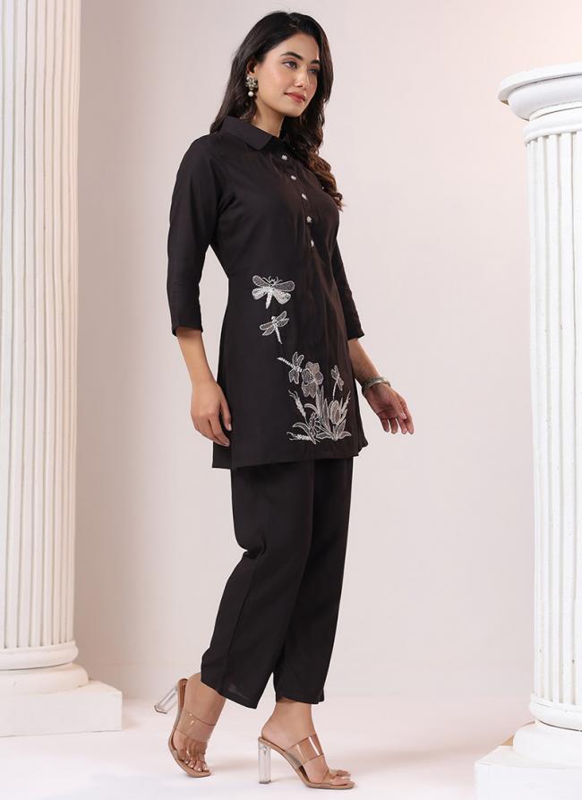 Rayon Black Casual Wear Embroidery Work Readymade Cord Set